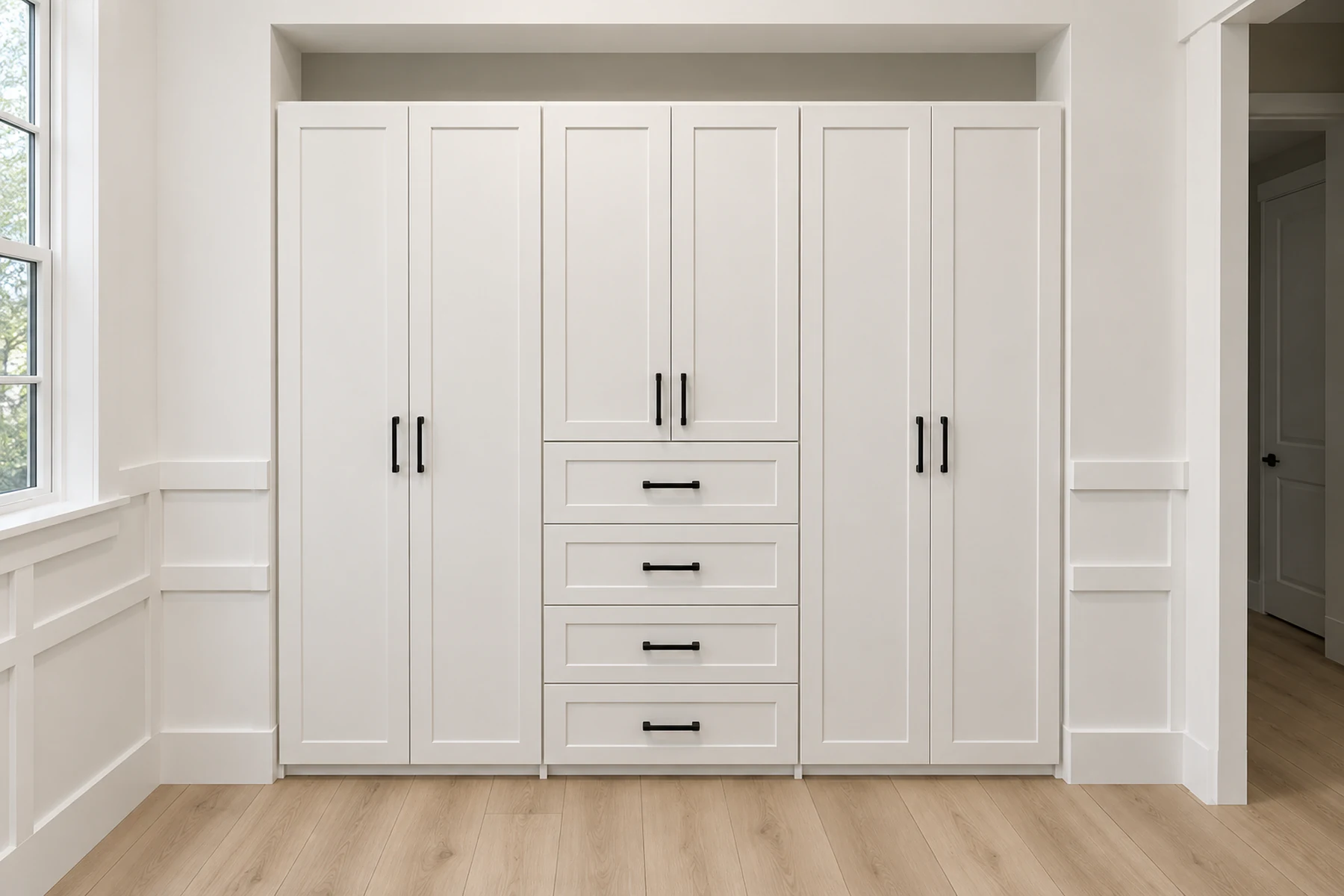 A closet run built into an alcove, with doors over a bank of drawers.