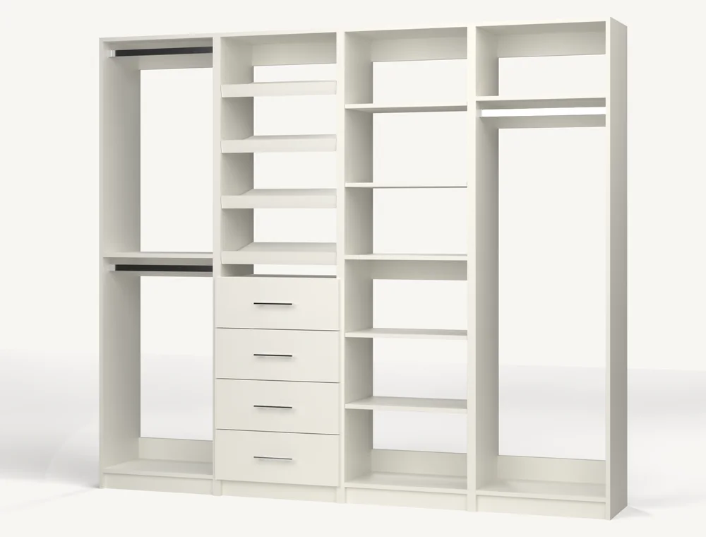 A row of open reach-in closet modules in Classic White: shelves, drawers, hanging rods and shoe storage.