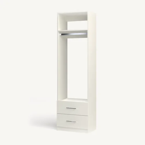 Rod + Fixed Shelf over 2 Drawer reach-in closet module, 16" deep with an open front. 24" wide in Classic White with chrome hardware