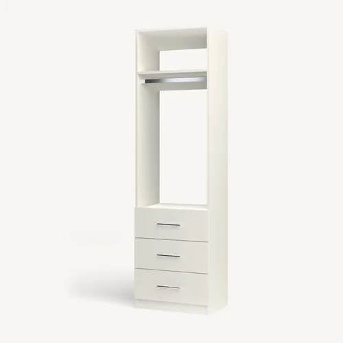 Rod + Fixed Shelf over 3 Drawer reach-in closet module, 16" deep with an open front. 24" wide in Classic White with chrome hardware