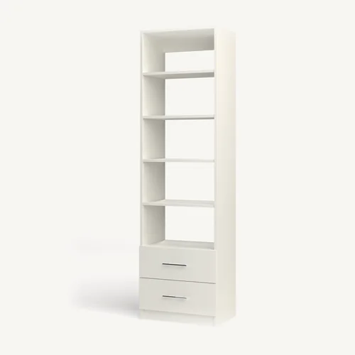 Shelves over 2 Drawer reach-in closet module, 16" deep with an open front. 24" wide in Classic White with chrome hardware