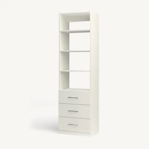 Shelves over 3 Drawer reach-in closet module, 16" deep with an open front. 24" wide in Classic White with chrome hardware