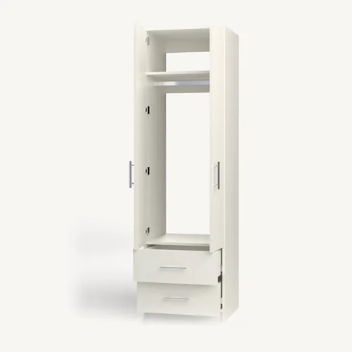 Rod + Fixed Shelf over 2 Drawer wardrobe cabinet, 22" deep, shown with its slab doors open. 24" wide in Classic White with chrome hardware