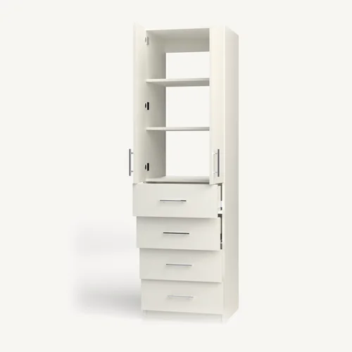 Shelves over 4 Drawer wardrobe cabinet, 22" deep, shown with its slab doors open. 24" wide in Classic White with chrome hardware