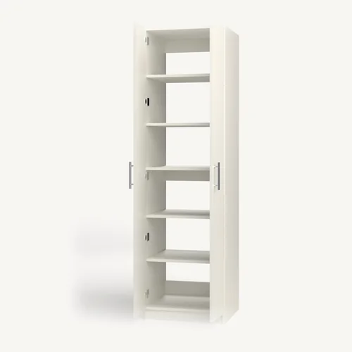 Shelves over Shelves wardrobe cabinet, 22" deep, shown with its slab doors open. 24" wide in Classic White with chrome hardware