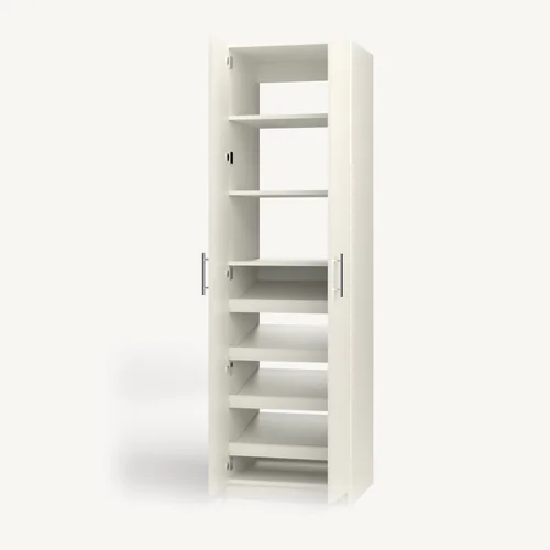 Shelves over Shoe Storage wardrobe cabinet, 22" deep, shown with its slab doors open. 24" wide in Classic White with chrome hardware