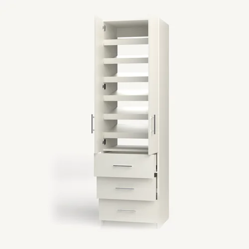 Shoe Storage over 3 Drawer wardrobe cabinet, 22" deep, shown with its slab doors open. 24" wide in Classic White with chrome hardware