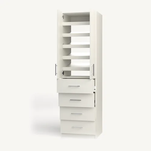 Shoe Storage over 4 Drawer wardrobe cabinet, 22" deep, shown with its slab doors open. 24" wide in Classic White with chrome hardware