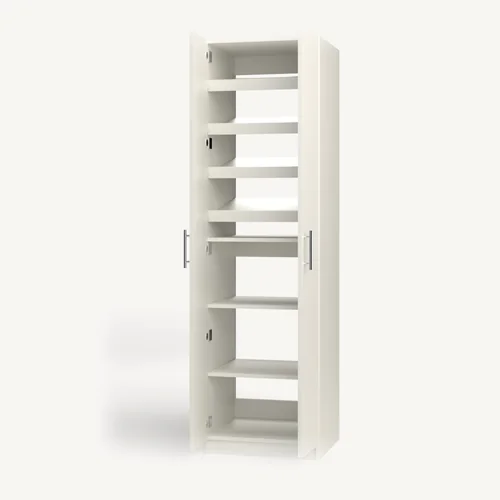 Shoe Storage over Shelves wardrobe cabinet, 22" deep, shown with its slab doors open. 24" wide in Classic White with chrome hardware